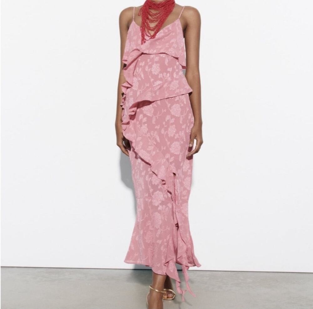 Zara Marsala Jacquard Ruffle Midi Dress Romantic Floral Cottagecore M ruffles